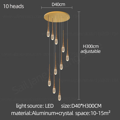 Suspension LED Moderne en Aluminium et Cristal, Lumière Chaude Dimable pour Salon et Escalier