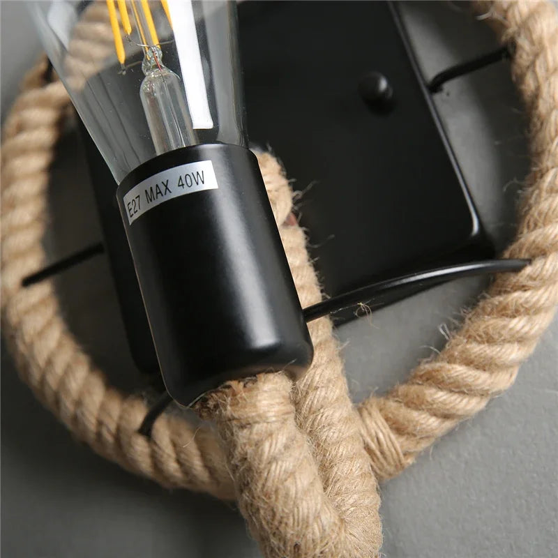 Applique Murale en Corde de Chanvre Style Rétro Américain, Luminaire Métal E27, Ambiance Chaleureuse