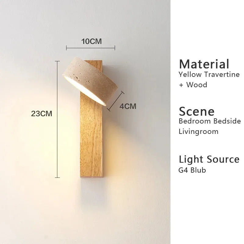 Applique Murale Japonaise Wabi Sabi en Travertin Jaune avec LED et Interrupteur à Chaînette