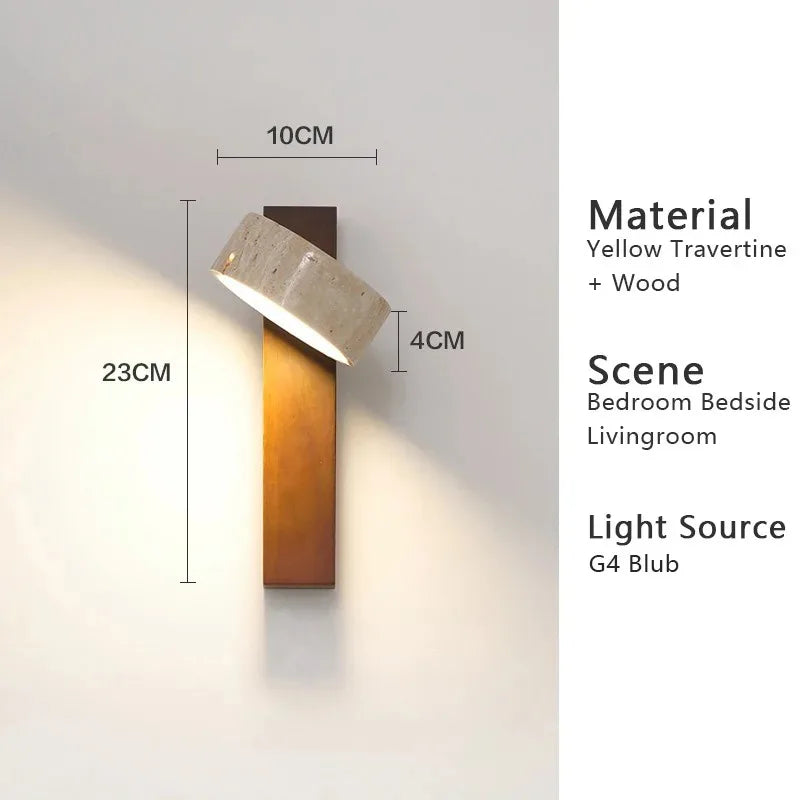 Applique Murale Japonaise Wabi Sabi en Travertin Jaune avec LED et Interrupteur à Chaînette