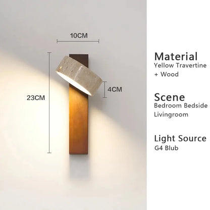 Applique Murale Japonaise Wabi Sabi en Travertin Jaune avec LED et Interrupteur à Chaînette