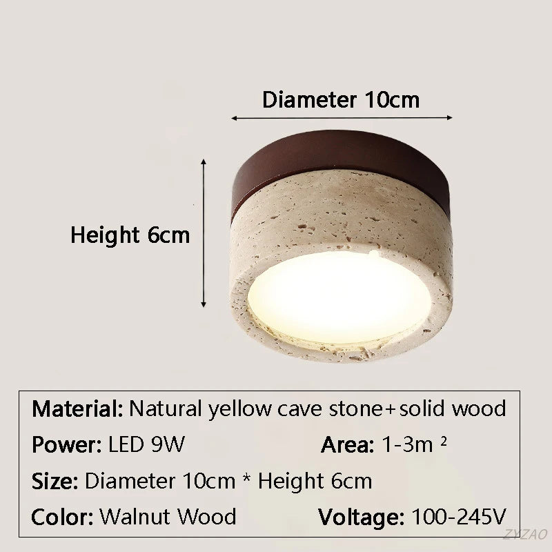 Plafonnier LED design Japonais en pierre travertin jaune et bois naturel, ambiance chaleureuse