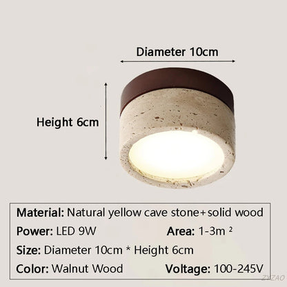 Plafonnier LED design Japonais en pierre travertin jaune et bois naturel, ambiance chaleureuse