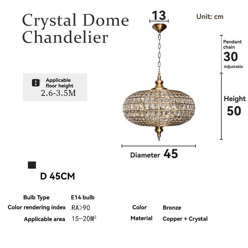 Suspension vintage en cristal et cuivre poli, éclairage LED chaleureux pour salon et hôtel