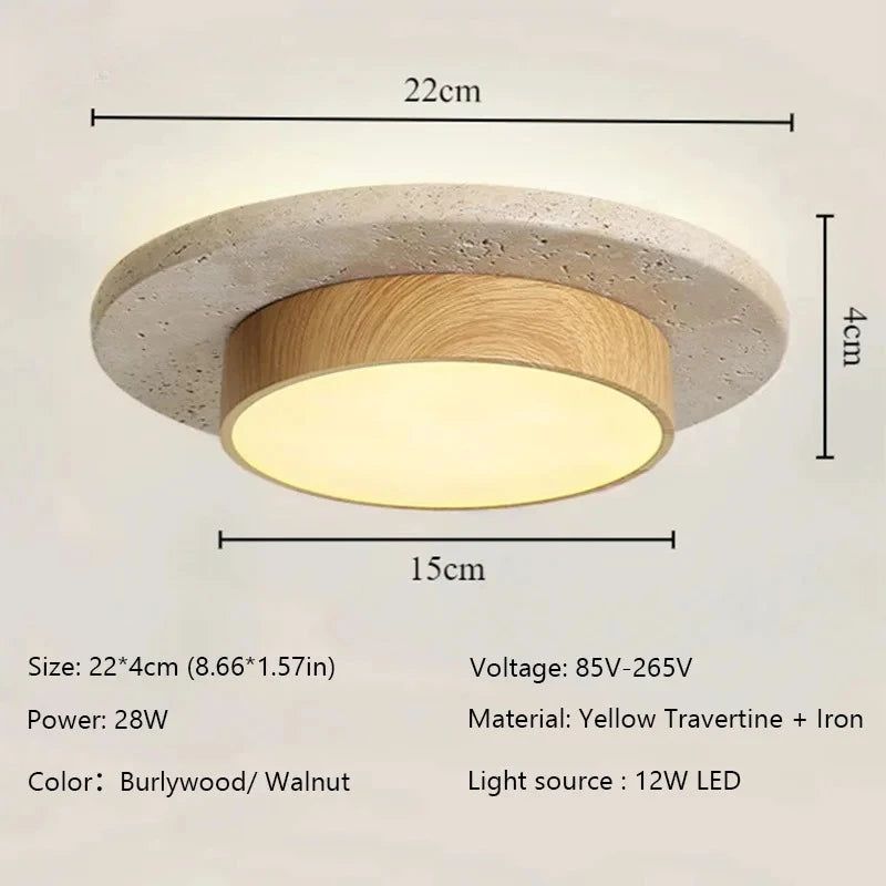 Plafonnier rond en pierre et bois noyer LED 28W style Wabi Sabi pour intérieur