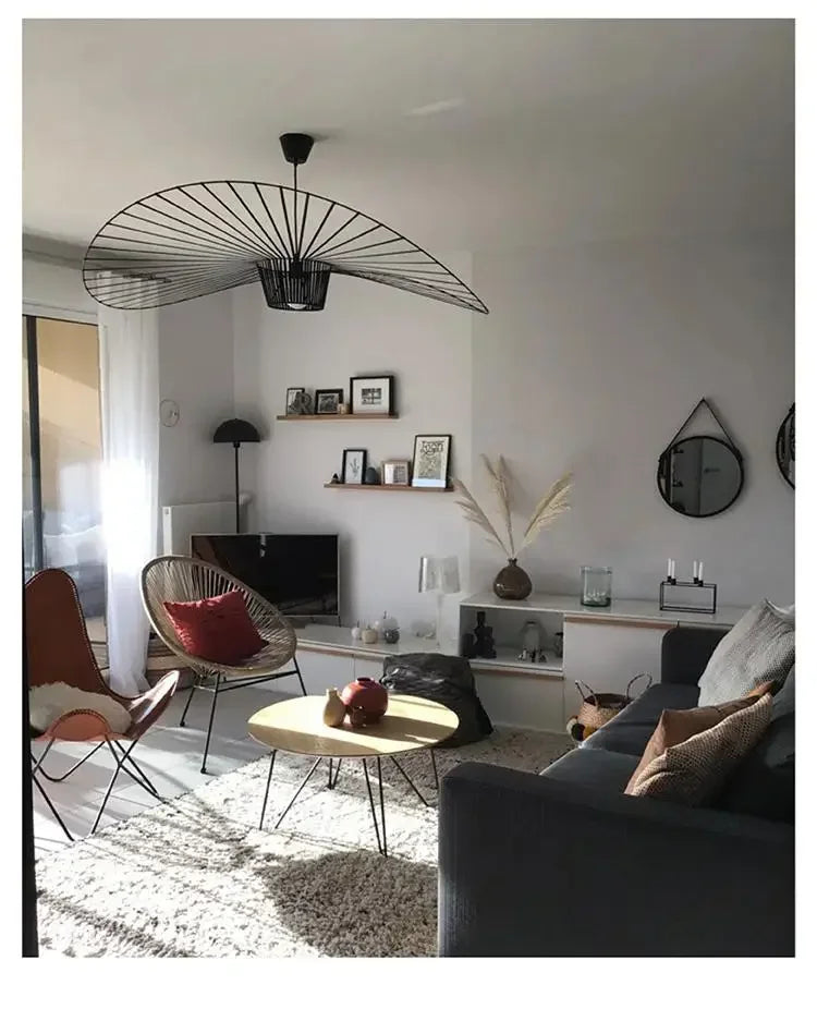 Suspension chapeau de paille Vertigo en tissu français, style nordique, lumière LED chaleureuse