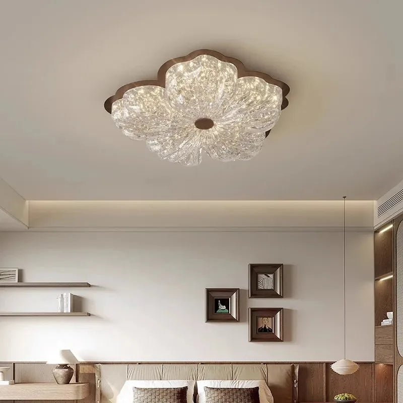 Plafonnier Vintage Français en Cristal à Fleurs, Lumière Chaude Ambiante