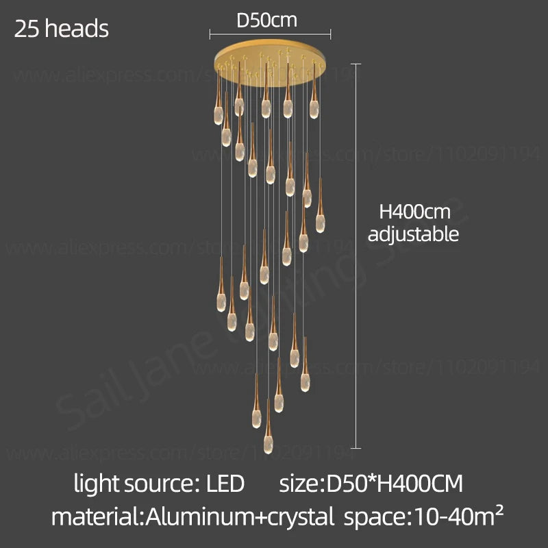 Suspension LED Moderne en Aluminium et Cristal, Lumière Chaude Dimable pour Salon et Escalier