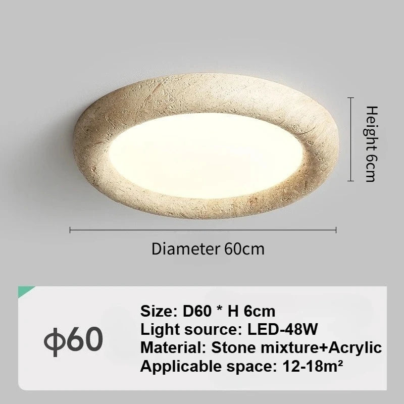 Plafonnier rond LED en travertin jaune, design wabi sabi naturel pour intérieur
