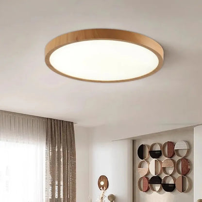 Plafonnier LED circulaire ultra-mince effet bois noyer pour intérieur moderne