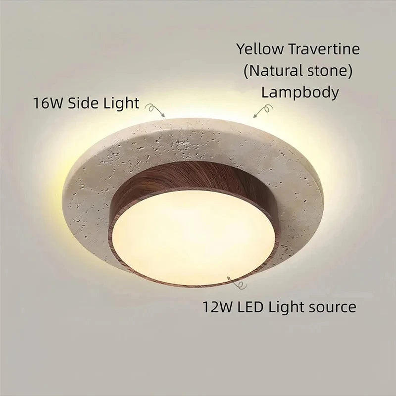 Plafonnier rond en pierre et bois noyer LED 28W style Wabi Sabi pour intérieur
