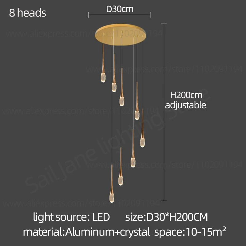 Suspension LED Moderne en Aluminium et Cristal, Lumière Chaude Dimable pour Salon et Escalier