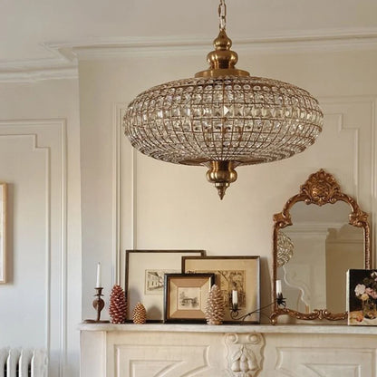 Suspension vintage en cristal et cuivre poli, éclairage LED chaleureux pour salon et hôtel