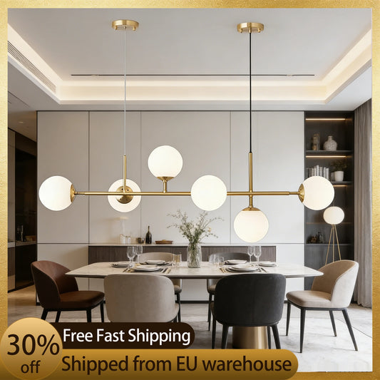 Suspension linéaire moderne à 6 globes en verre laiteux, ambiance chaleureuse