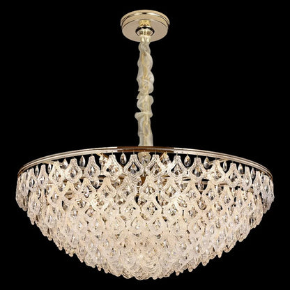 Lustre suspendu en cristal doré, design moderne, lumière chaleureuse pour salon et salle à manger