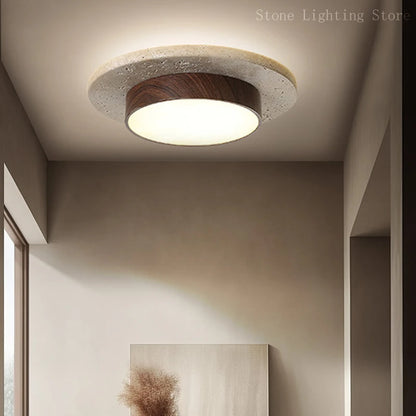 Plafonnier rond en pierre et bois Wabi Sabi, style nordique vintage, lumière chaude pour intérieur