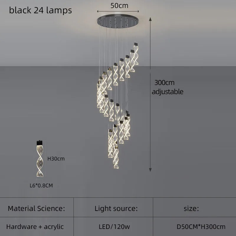 Lustre Spirale Duplex LED en cristal noir et or, design moderne, lumière blanche chaude