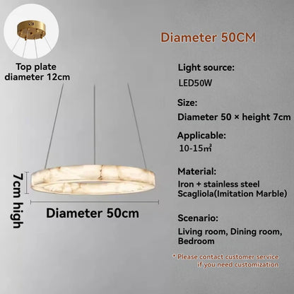 Suspension ronde en faux marbre résine, lumière chaude et design moderne