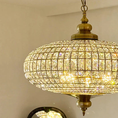 Suspension vintage en cristal et cuivre poli, éclairage LED chaleureux pour salon et hôtel
