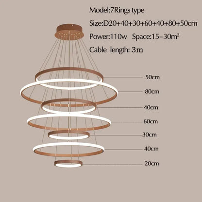 Lustre moderne 7 anneaux circulaires LED en alliage d’aluminium pour salon et salle à manger
