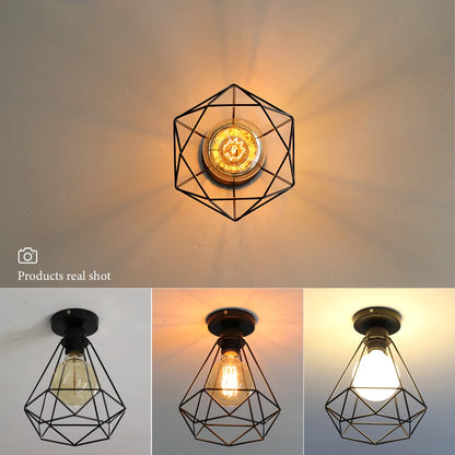 Plafonnier rétro en fer noir E27, design vintage pour intérieur et porche