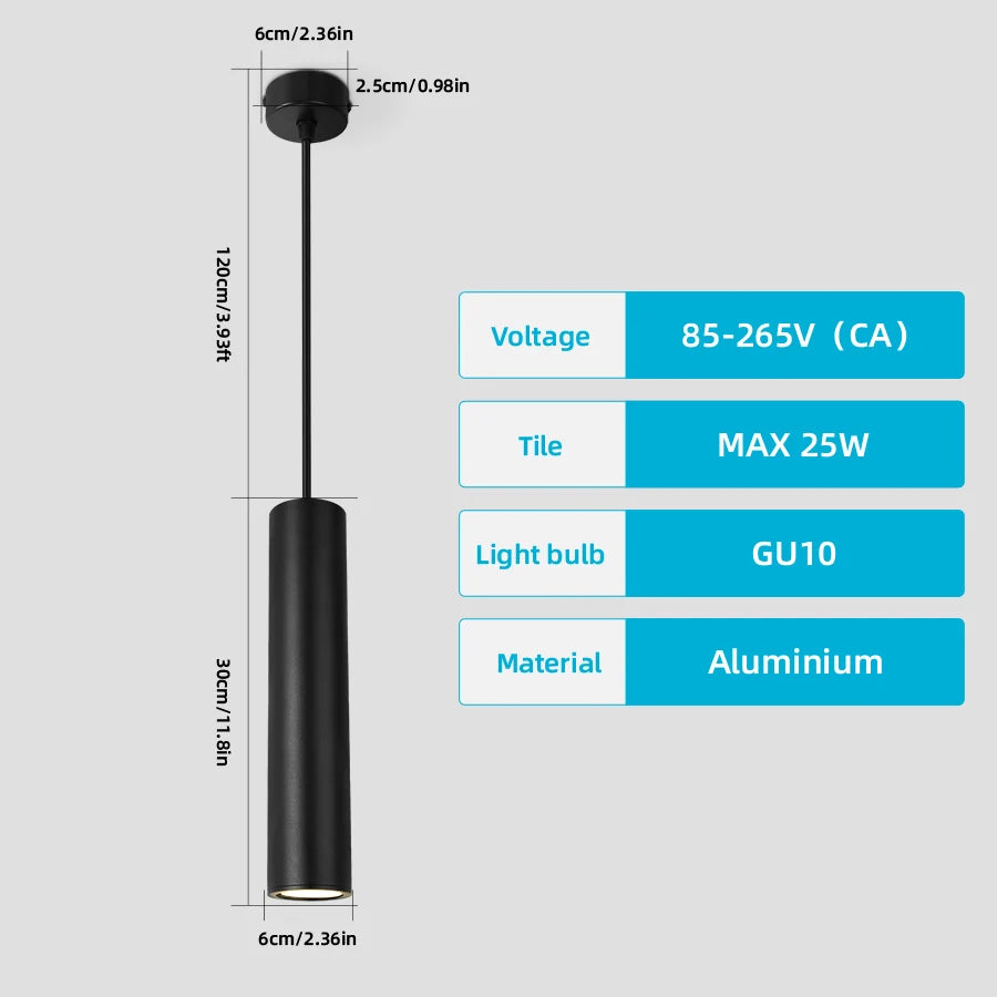 Suspension LED moderne en aluminium noir, lumière chaude ou neutre, 160-300mm