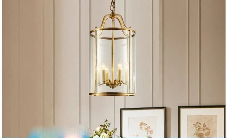 Suspension vintage en cuivre avec cage à oiseaux en verre, éclairage chaleureux