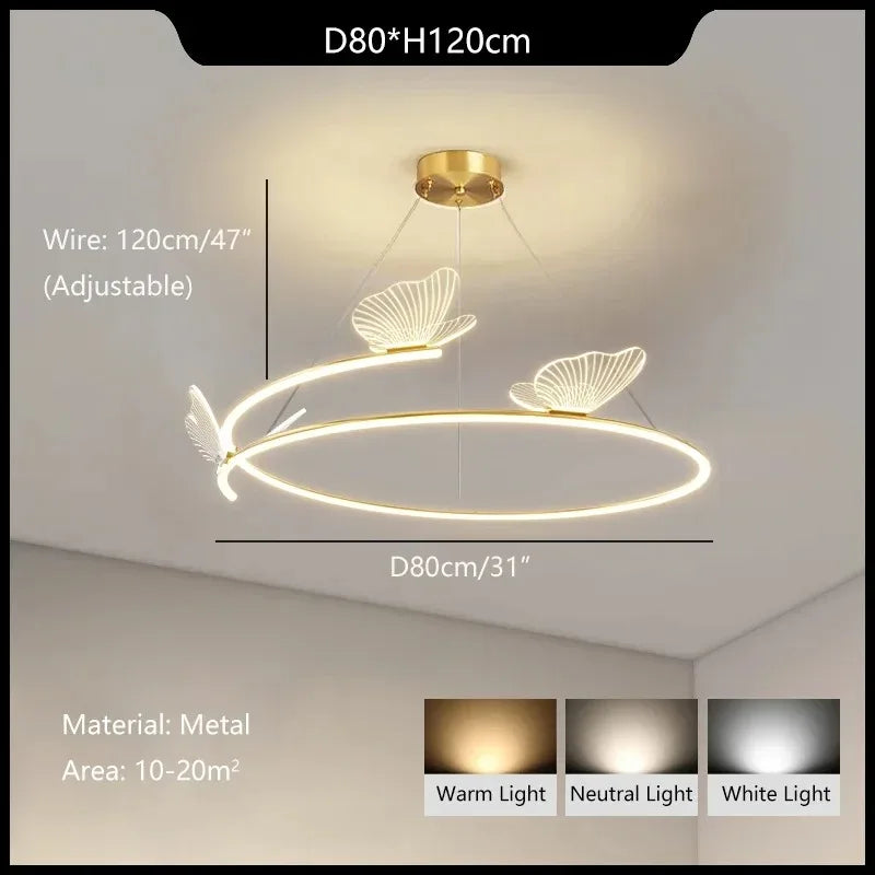 Plafonnier LED Anneau Métal Doré, Design Nordique avec Papillon Acrylique, Éclairage Salon et Chambre