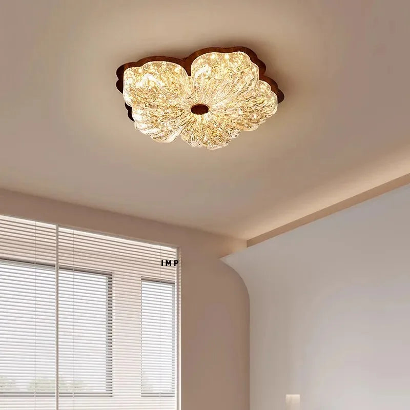 Plafonnier Vintage Français en Cristal à Fleurs, Lumière Chaude Ambiante