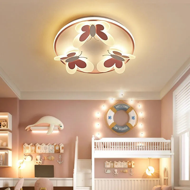 Plafonnier papillon rose ART DECO en métal et acrylique pour chambre d’enfant, lumière douce et chaleureuse
