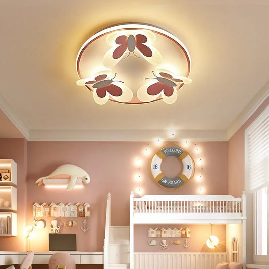 Plafonnier papillon rose ART DECO en métal et acrylique pour chambre d’enfant, lumière douce et chaleureuse