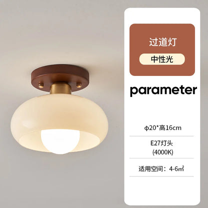 Plafonnier d'entrée en bois et verre, style wabi sabi rétro, ambiance chaleureuse