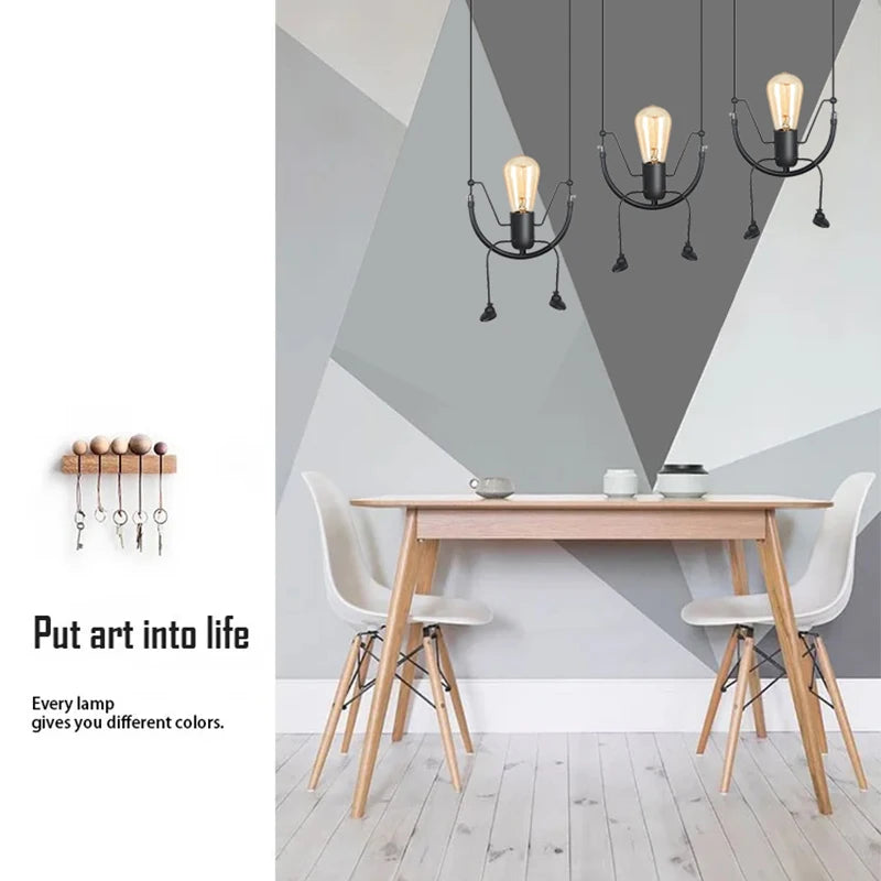 Suspension lustre moderne assis petit homme noir E27 pour chambre enfant