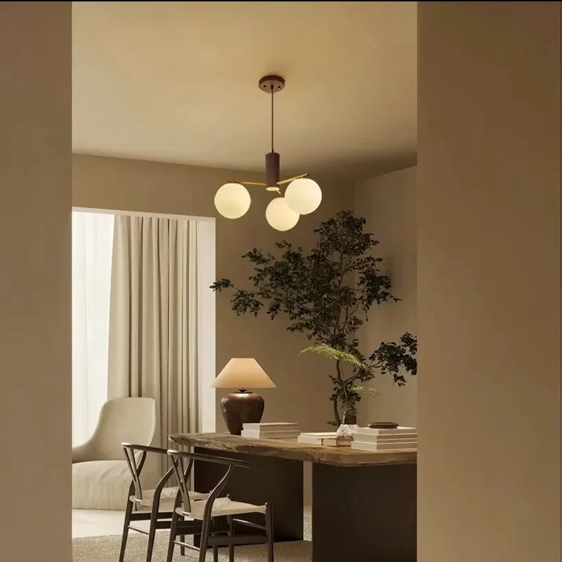 Suspension en bois de noyer japonais et verre dépoli ronde Wabi-sabi