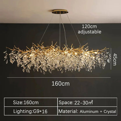 Suspension lustre LED cristal doré design moderne pour intérieur villa