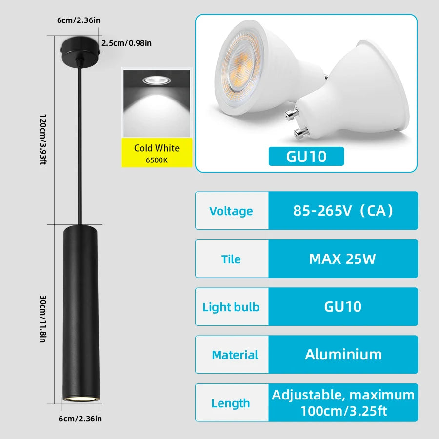 Suspension LED moderne en aluminium noir, lumière chaude ou neutre, 160-300mm