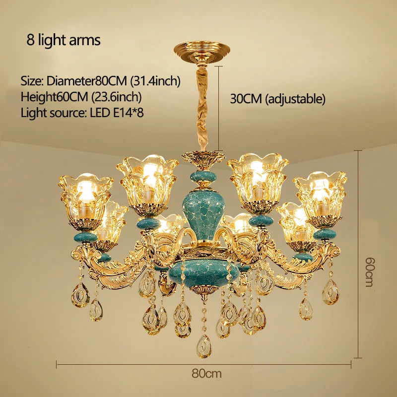 Lustre design européen en céramique et cristal, lumière chaude élégante