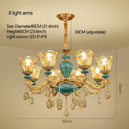 Lustre design européen en céramique et cristal, lumière chaude élégante