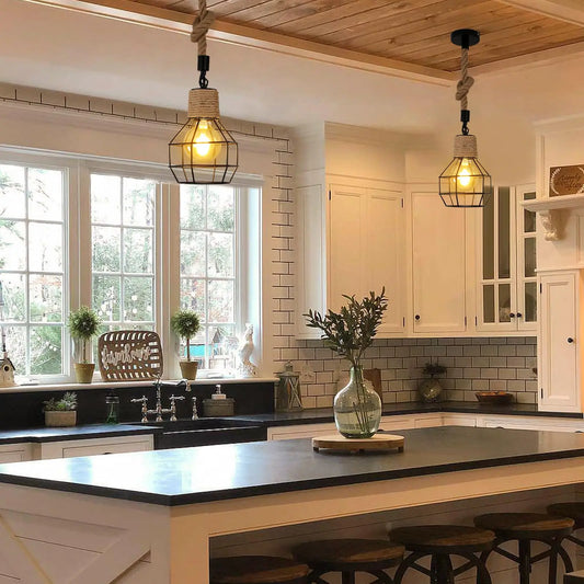 Suspension Vintage en Bois et Corde de Chanvre, Plafonnier Industriel Réglable, 3 Lampes