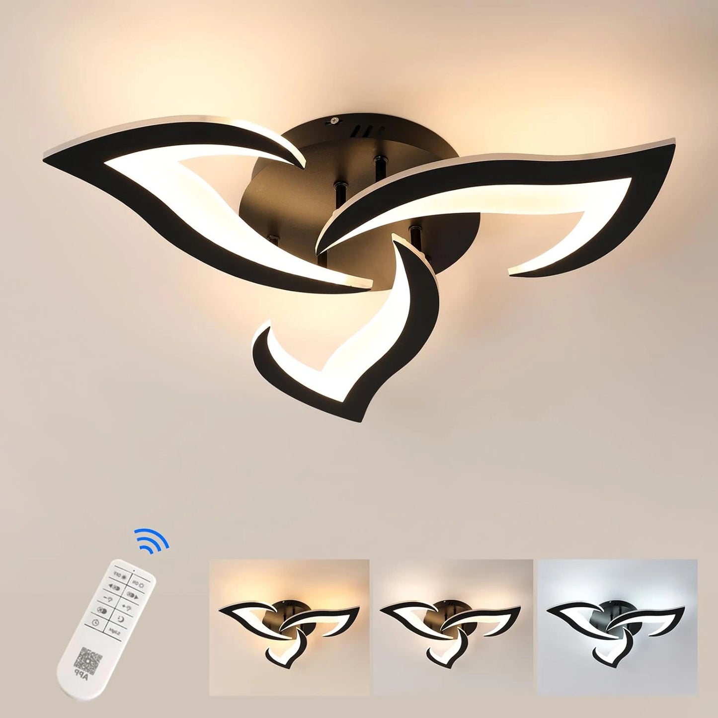 Plafonnier LED dimmable 35W avec télécommande, acrylique noir, lumière 3000K-6500K