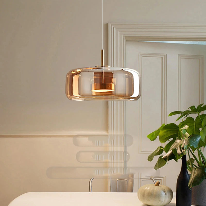 Suspension moderne en verre avec éclairage LED pour salle à manger, ambiance chaleureuse