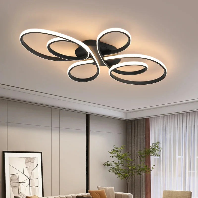 Plafonnier LED moderne à intensité variable avec télécommande, design métal et aluminium, éclairage chaleureux pour salon et salle à manger