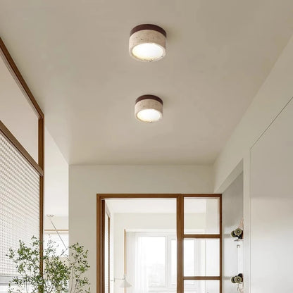 Plafonnier LED design Japonais en pierre travertin jaune et bois naturel, ambiance chaleureuse