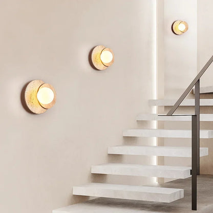 Applique Murale Japonaise en Travertin Jaune et Bois Massif, Lumière Chaude Cosy