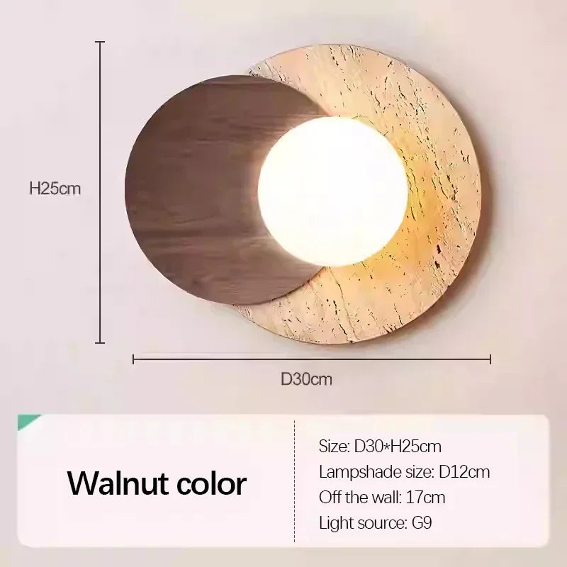 Applique Murale Japonaise en Travertin Jaune et Bois Massif, Lumière Chaude Cosy