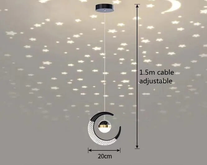 Plafonnier LED moderne étoiles et lune en métal noir et or, ambiance cosy