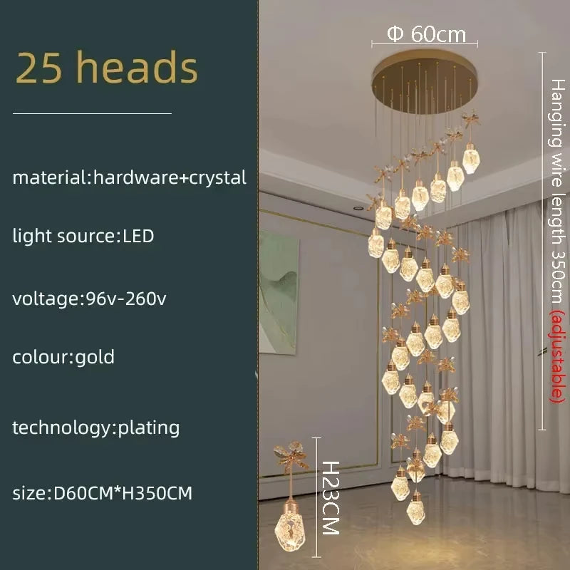 Lustre suspension moderne en cristal pour villa et salon avec LED dimmable