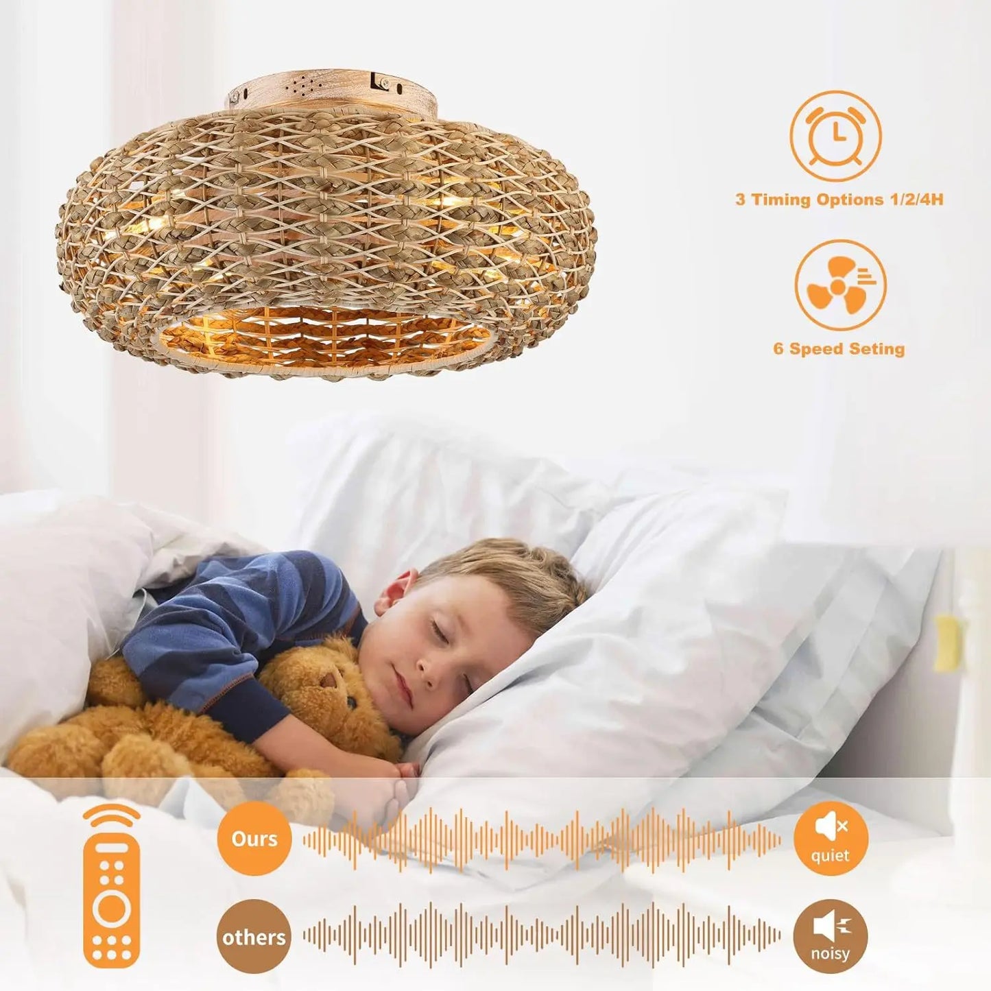 Plafonnier ventilateur silencieux en bambou avec lumière LED et télécommande, design moderne