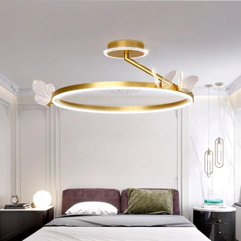 Plafonnier LED Anneau Métal Doré, Design Nordique avec Papillon Acrylique, Éclairage Salon et Chambre
