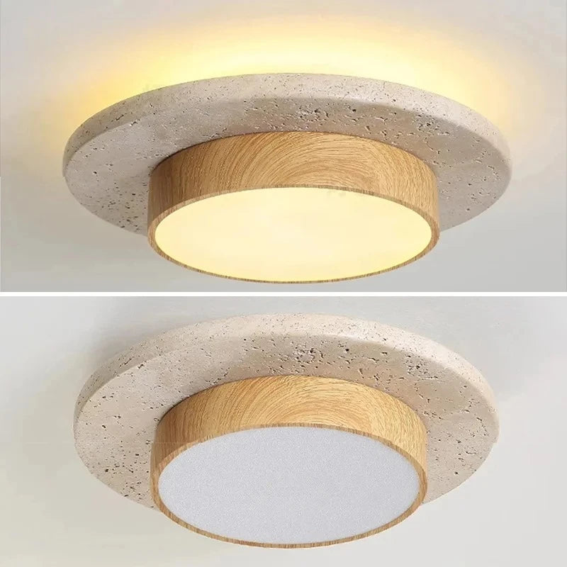 Plafonnier rond en pierre et bois noyer LED 28W style Wabi Sabi pour intérieur